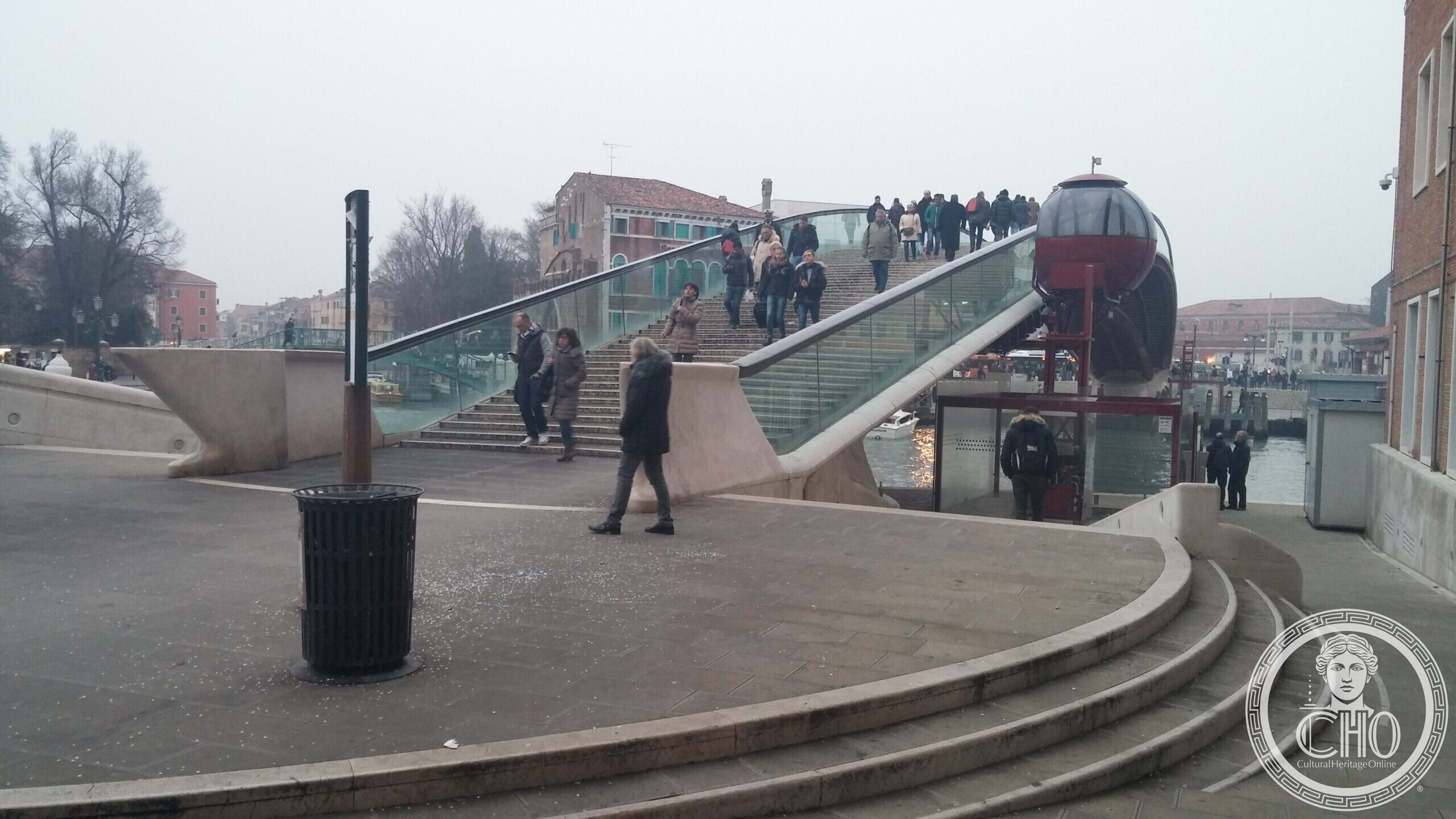 The Ponte della Costituzione in Venice from the Piazzale Roma side, with its shallow steps and glass parapet