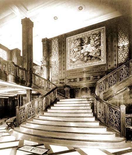 Monumental Art Deco sweeping staircase and ballroom of the ocean liner SS Rex