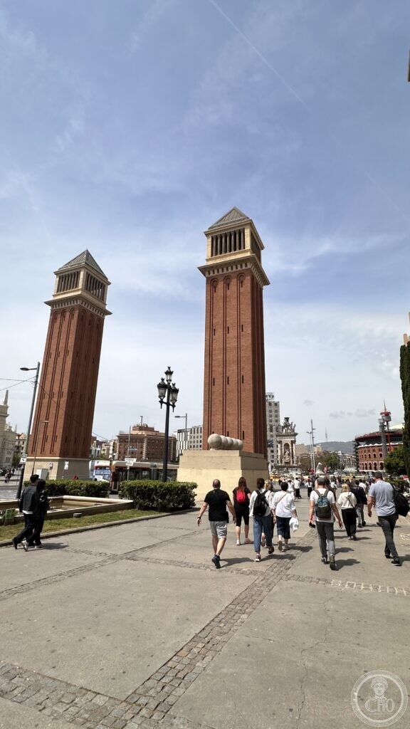 The twin brick Venetian Towers (Torres Venecianes) at Plaça d'Espanya, modelled on the Campanile of St Mark's in Venice