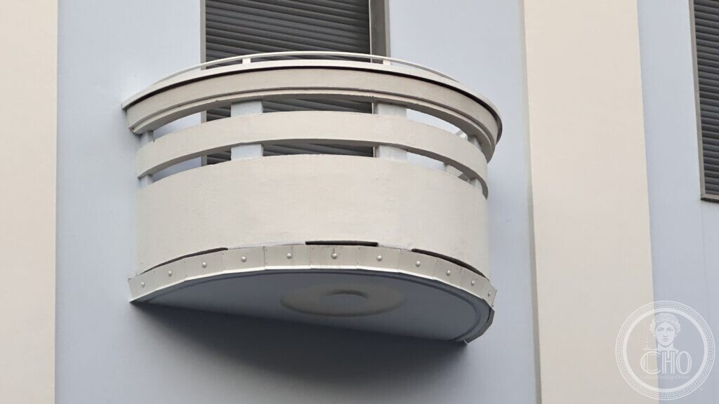 Detail of the curved balconies on the Via Prato Santo building in Verona
