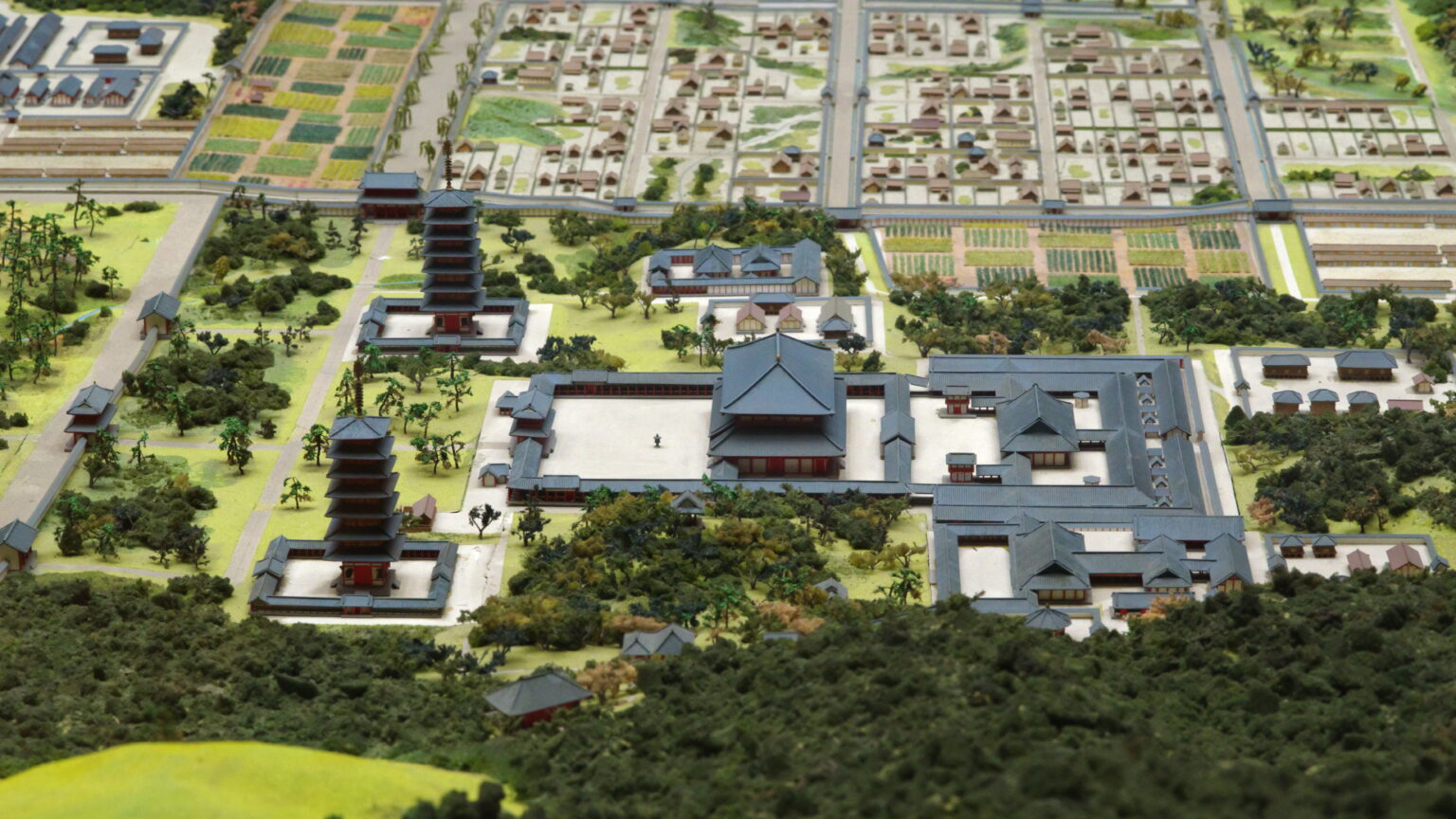 A scale model of the Tōdai-ji precinct and the city around it, showing the halls, the two pagodas and the grid of streets and fields