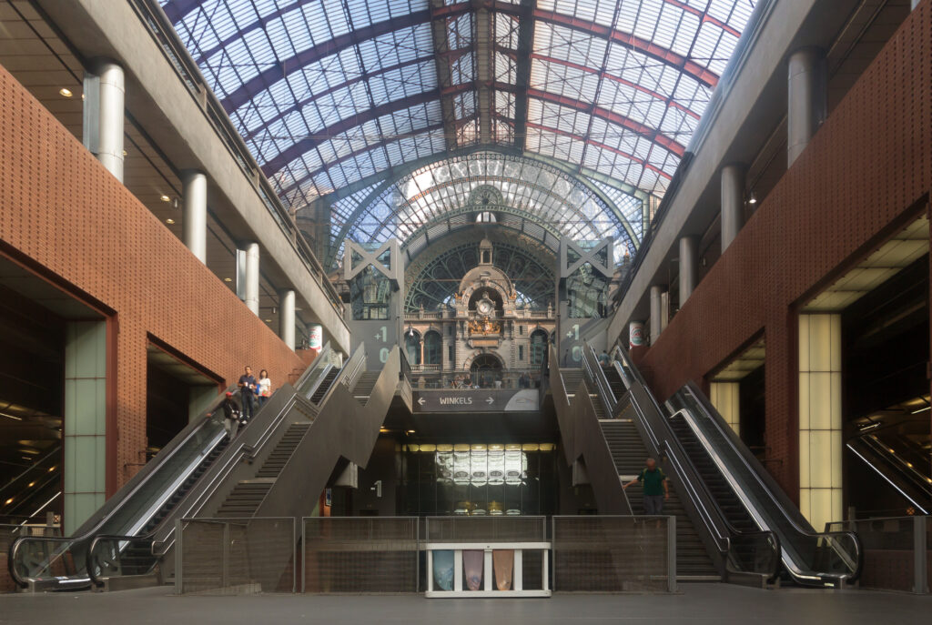 Monumental facade of Antwerp Central Station adjacent to the historic diamond bourses