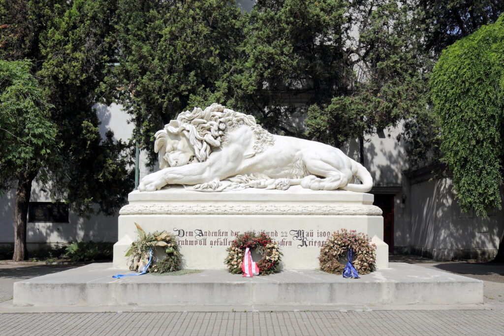 Historic lion monument in Aspern near the former Vienna airfield hub of interwar passenger aviation