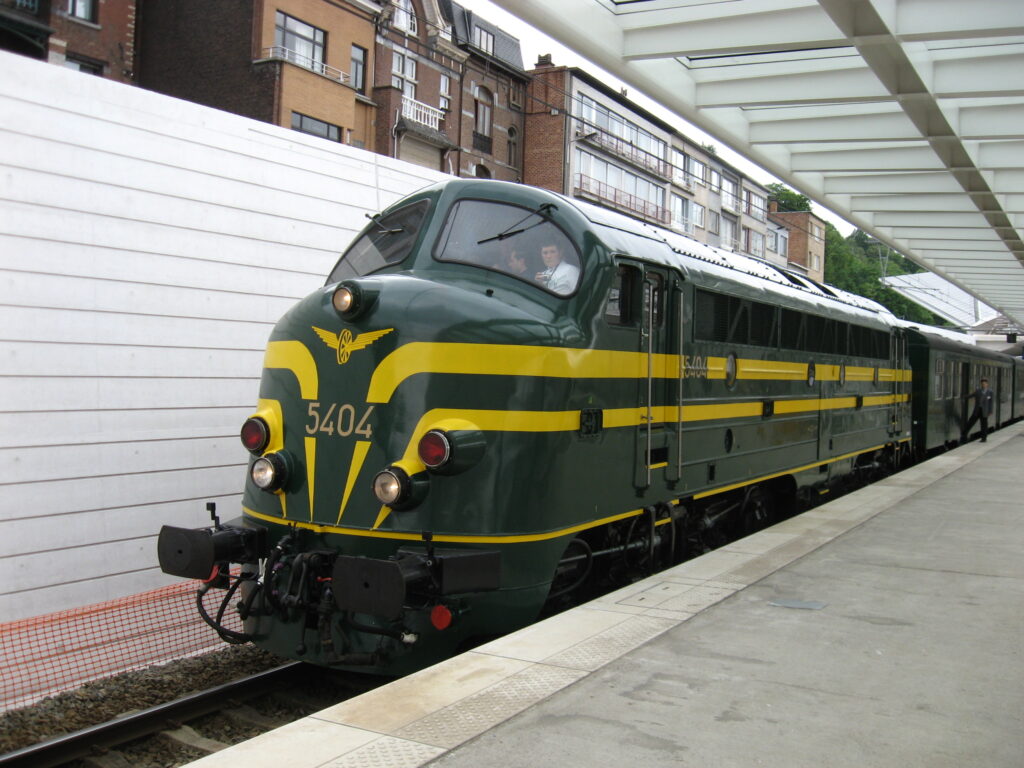 Historic streamlined Belgian diesel locomotive representing the evolution of SNCB rail power