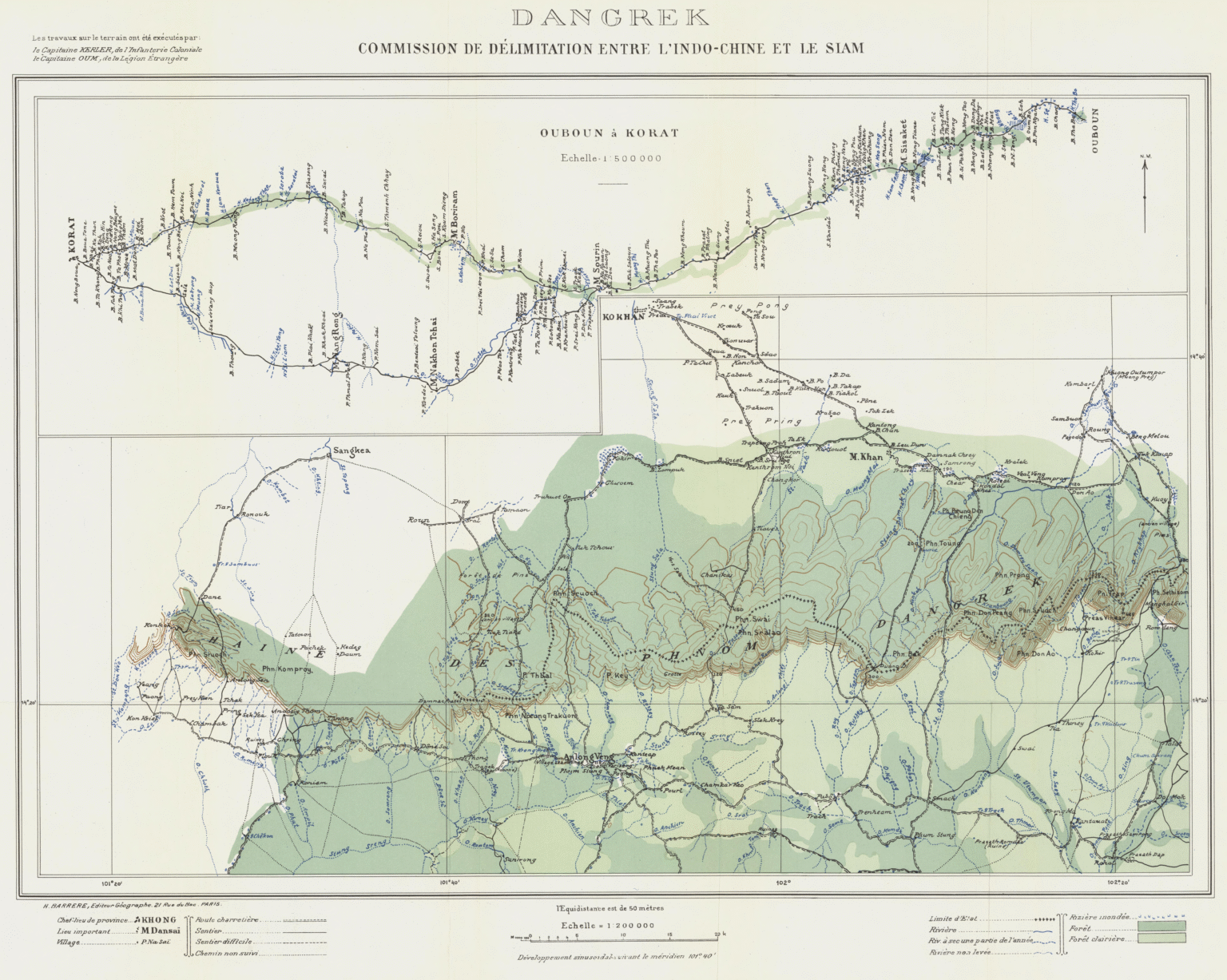 Old printed map of the Dangrek range showing the surveyed boundary line between Thailand and Cambodia