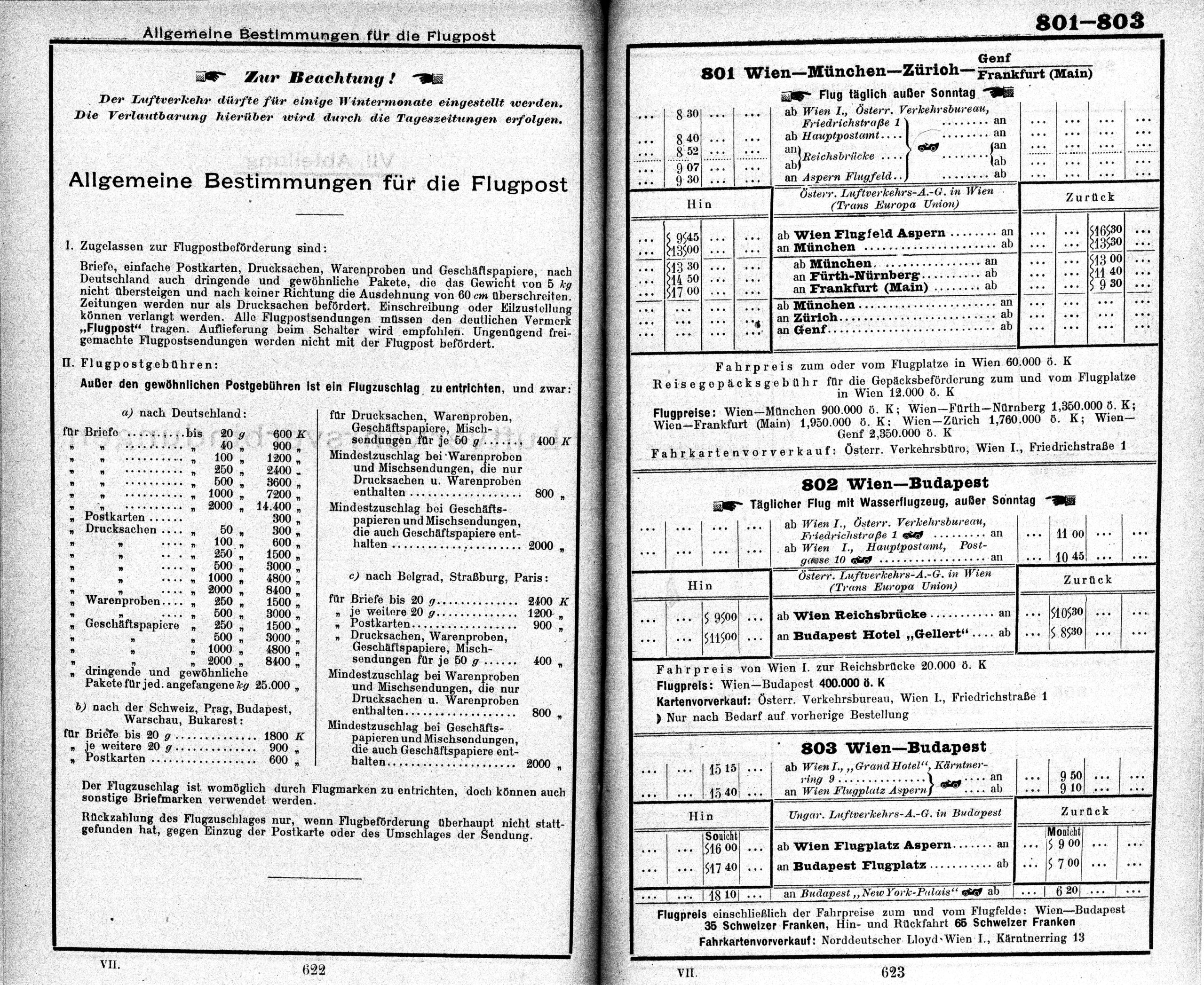 Historic flight schedule for Vienna routes during the early interwar aviation era of ÖLAG