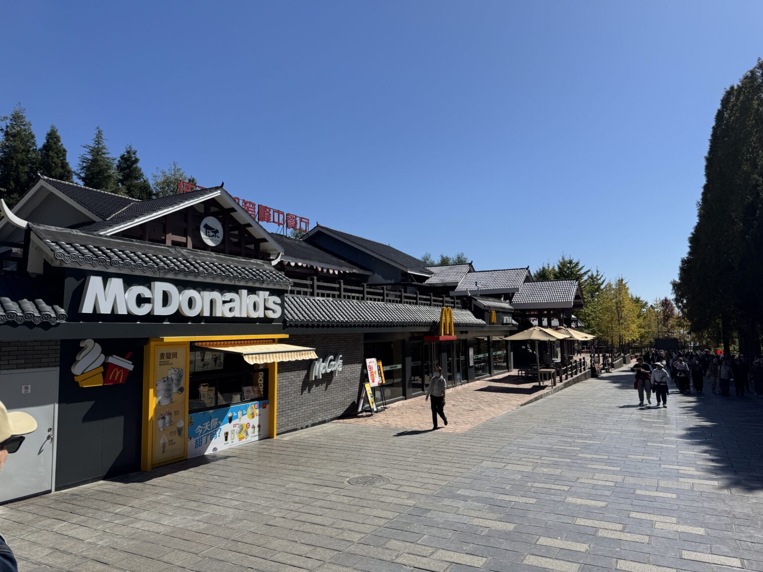 A McDonald's restaurant with illuminated signage on a paved pedestrian street lined with shops inside Helong park, Wulingyuan