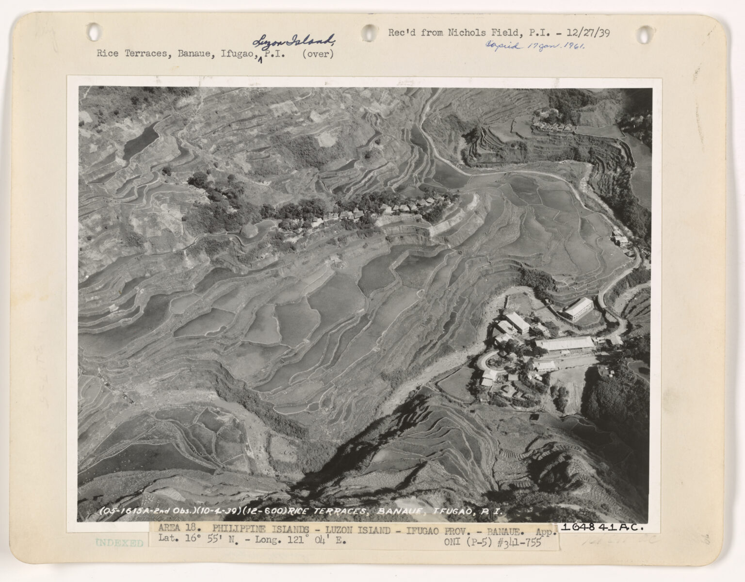 Aerial survey photograph of the Banaue rice terraces, mounted and captioned, from the United States National Archives