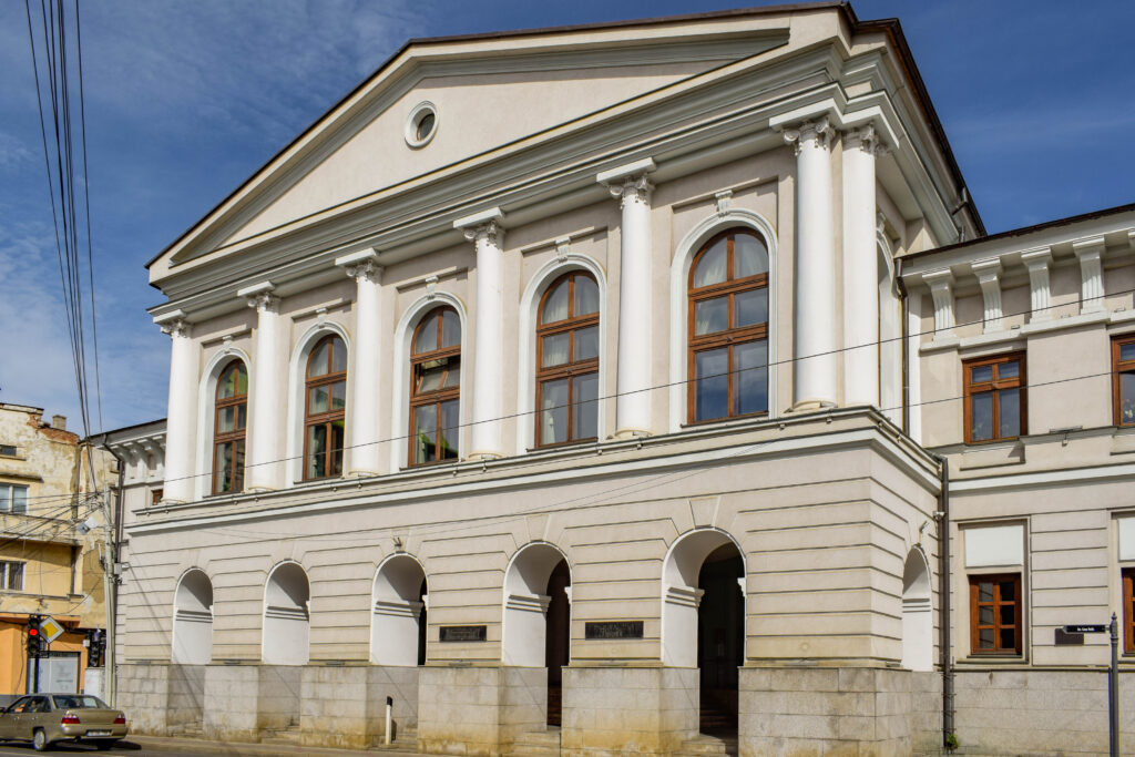 The Alecu Bals House in Iasi, a long nineteenth-century facade with tall windows and a columned entrance