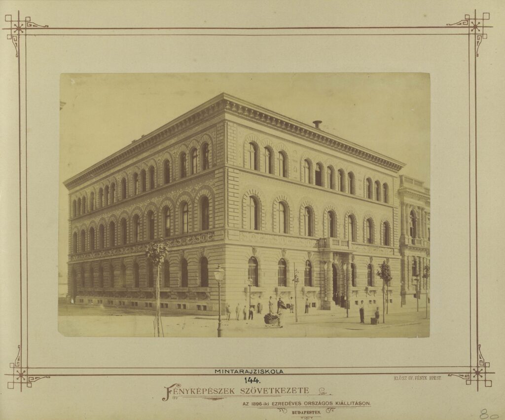 A historic photograph of the Royal Hungarian National Drawing School on Andrassy Avenue, Budapest