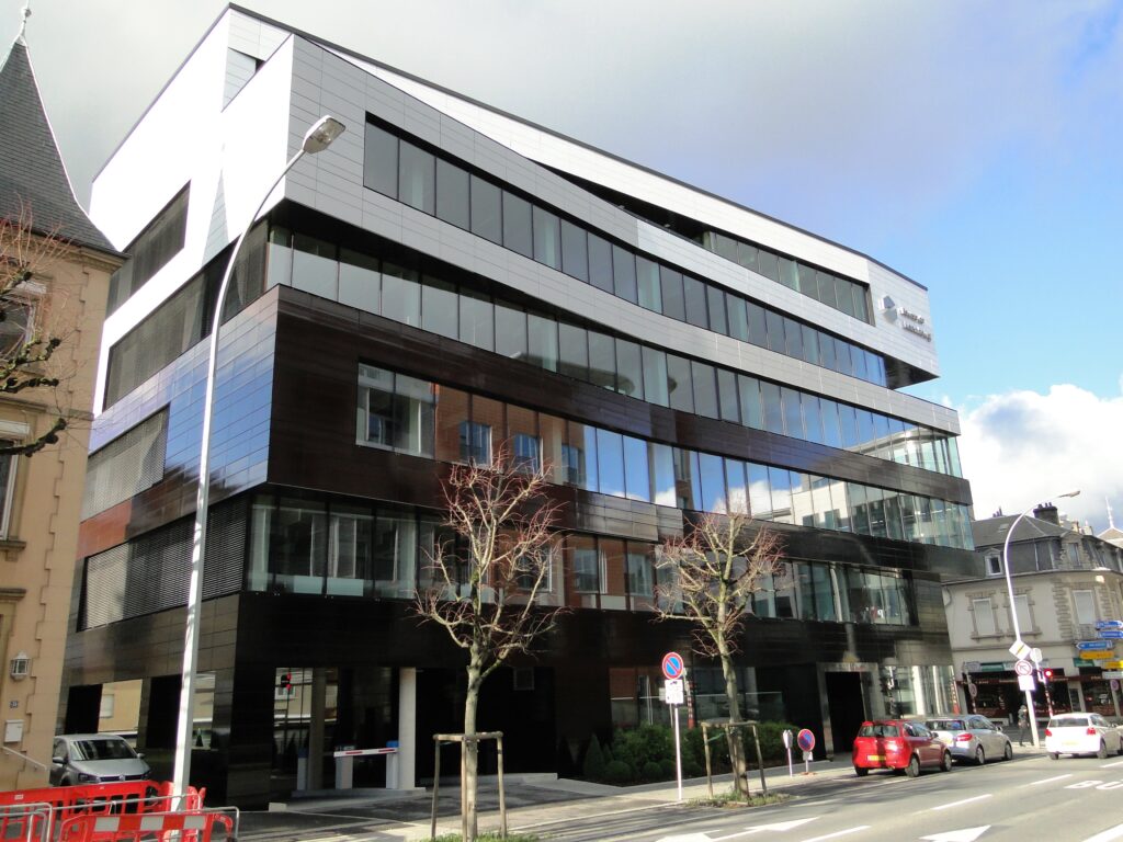 Street view of the modern headquarters and architectural facade on Boulevard Joseph II in Luxembourg City