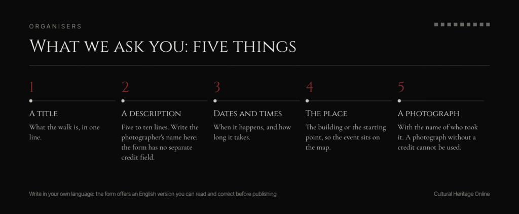 What we ask you: a title, a description, dates and times, the place, a photograph with its credit