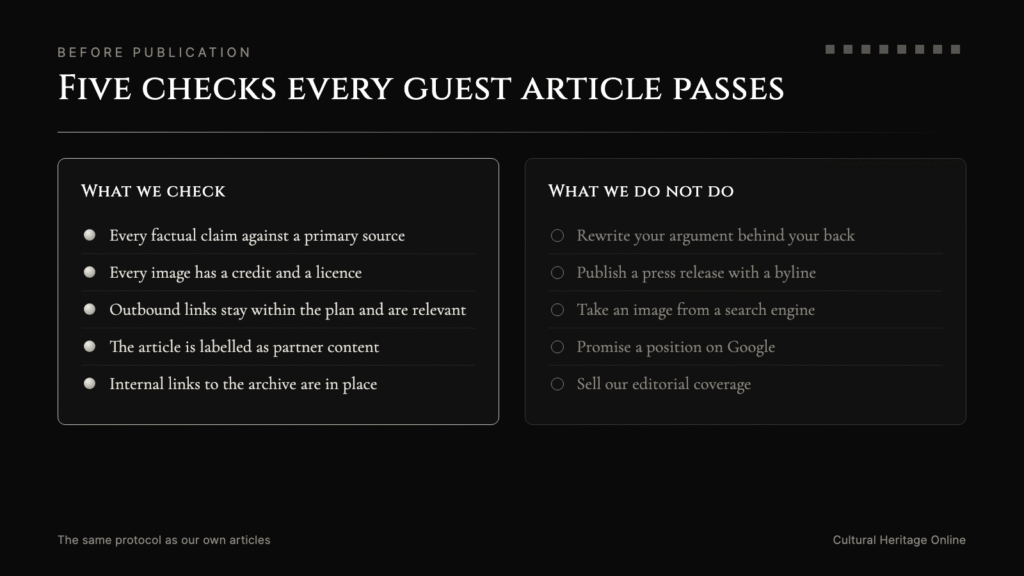 Five checks every guest article passes before publication
