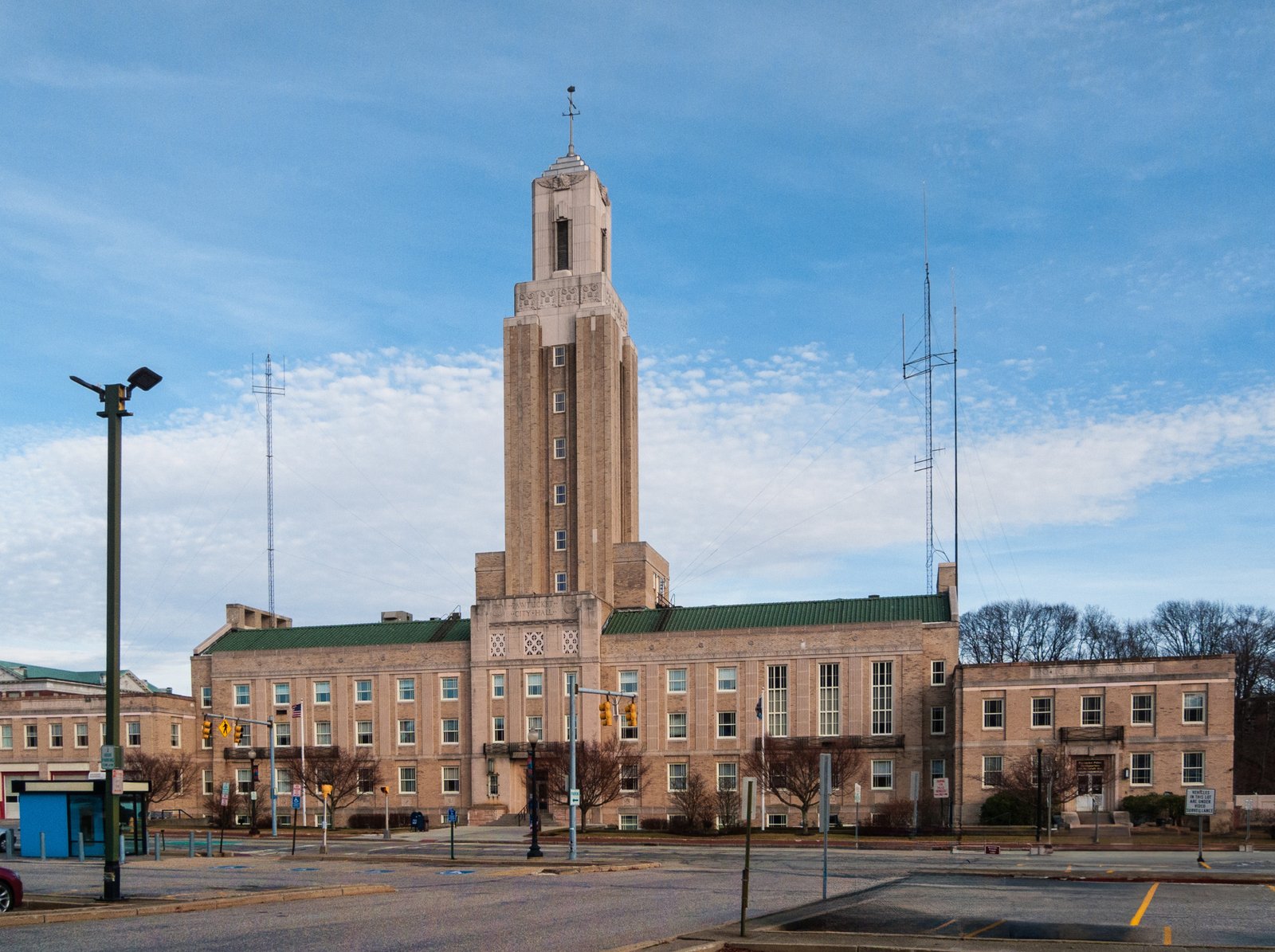 1936 Art Deco Pawtucket City Hall on Roosevelt Avenue Rhode Island with limestone facade and symmetrical tower