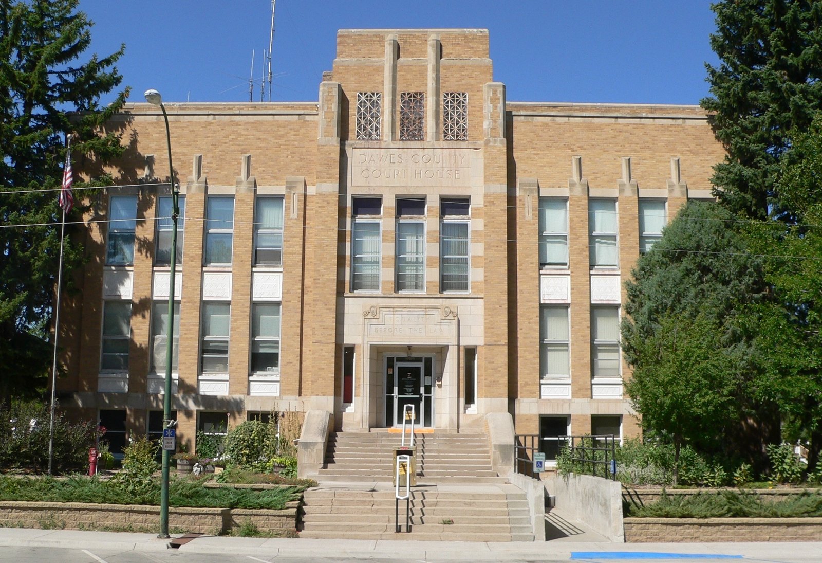 Art Deco Dawes County Courthouse 1935 Chadron Nebraska designed by John Latenser and Sons with brick facade and geometric ornament
