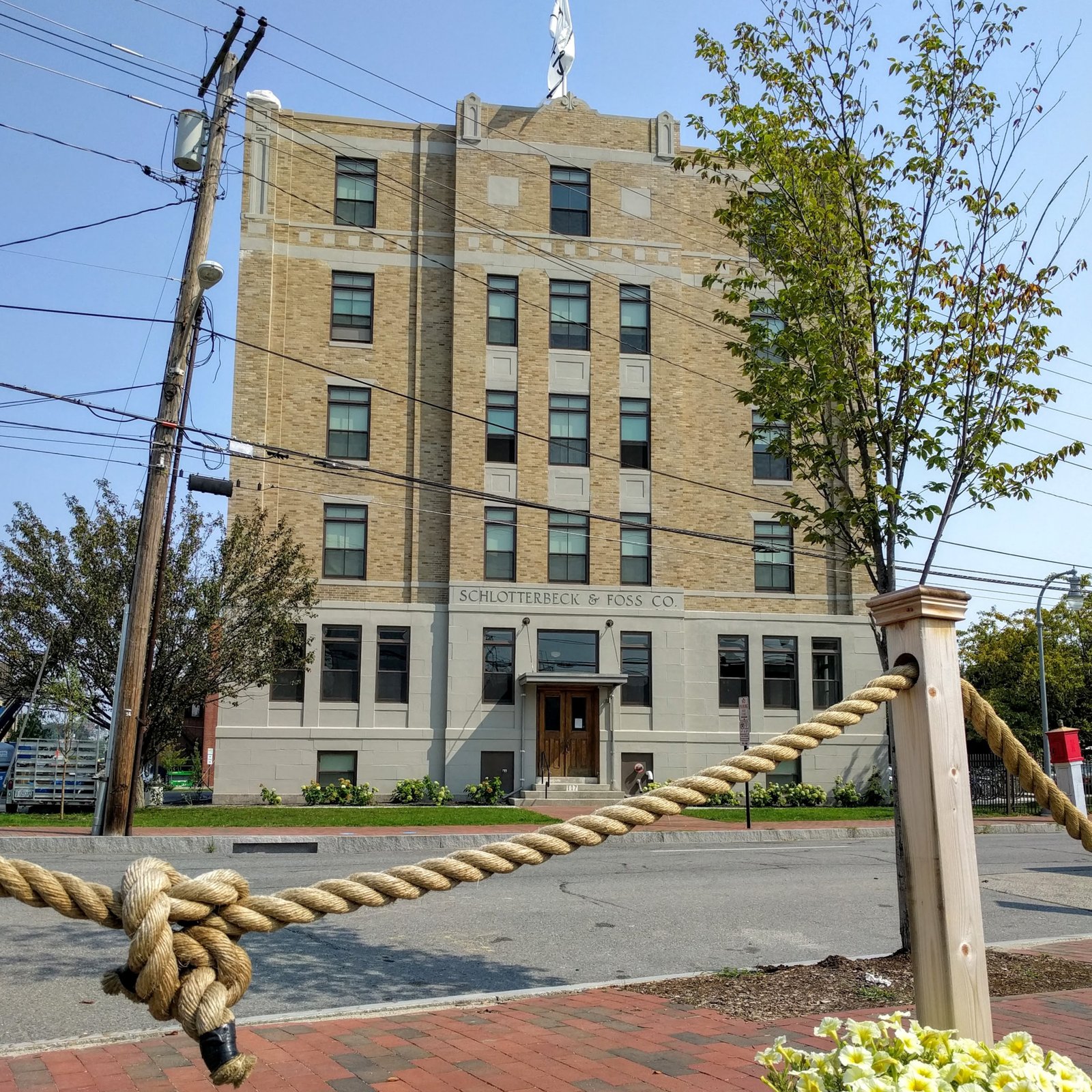 Art Deco Schlotterbeck and Foss Building 1927 Portland Maine five-story buff brick industrial factory designed by John Calvin Stevens and John Howard Stevens