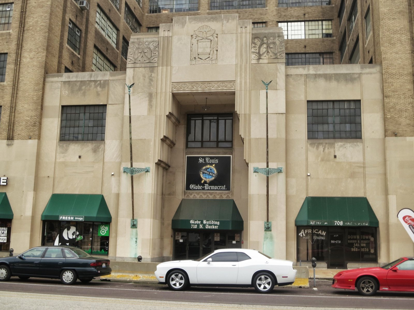 Globe Building (1932), Art Deco and industrial Modernist facade on North Tucker Boulevard, St. Louis, Missouri.