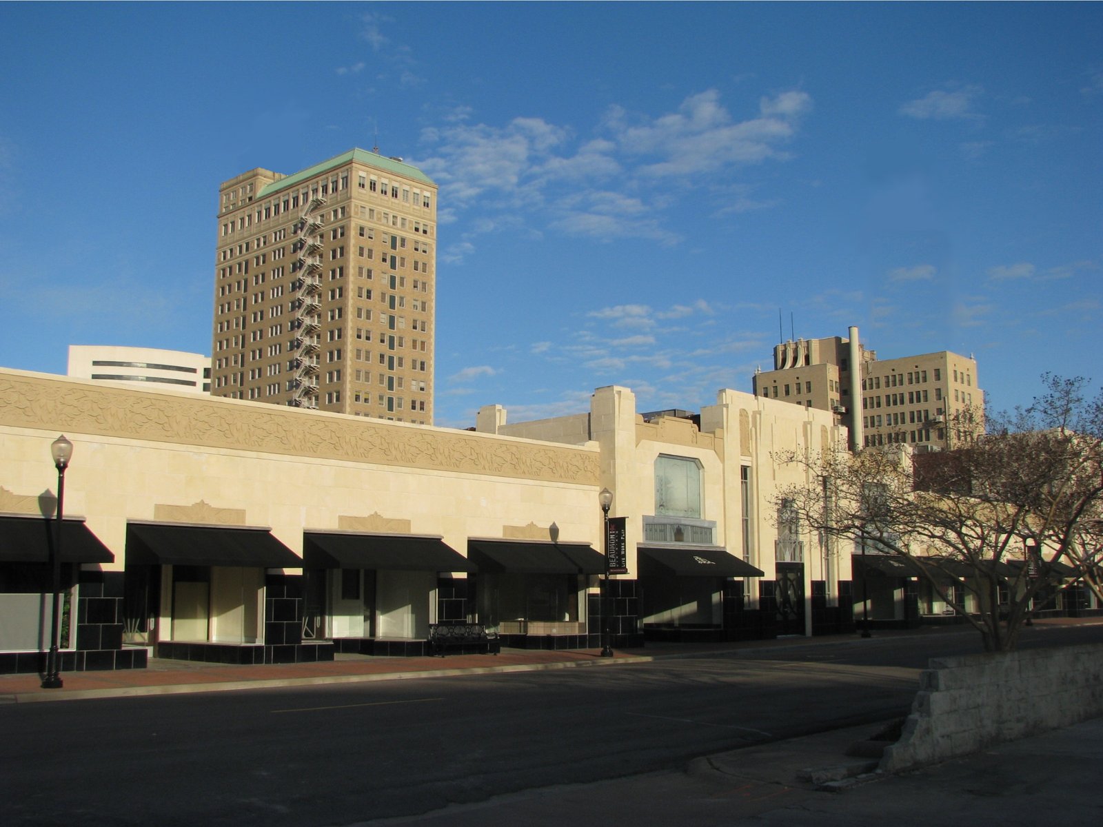 Kyle Building (1933), five-story Zig-Zag Art Deco commercial building in downtown Beaumont, Texas, with polished black granite base and terra cotta ornament.