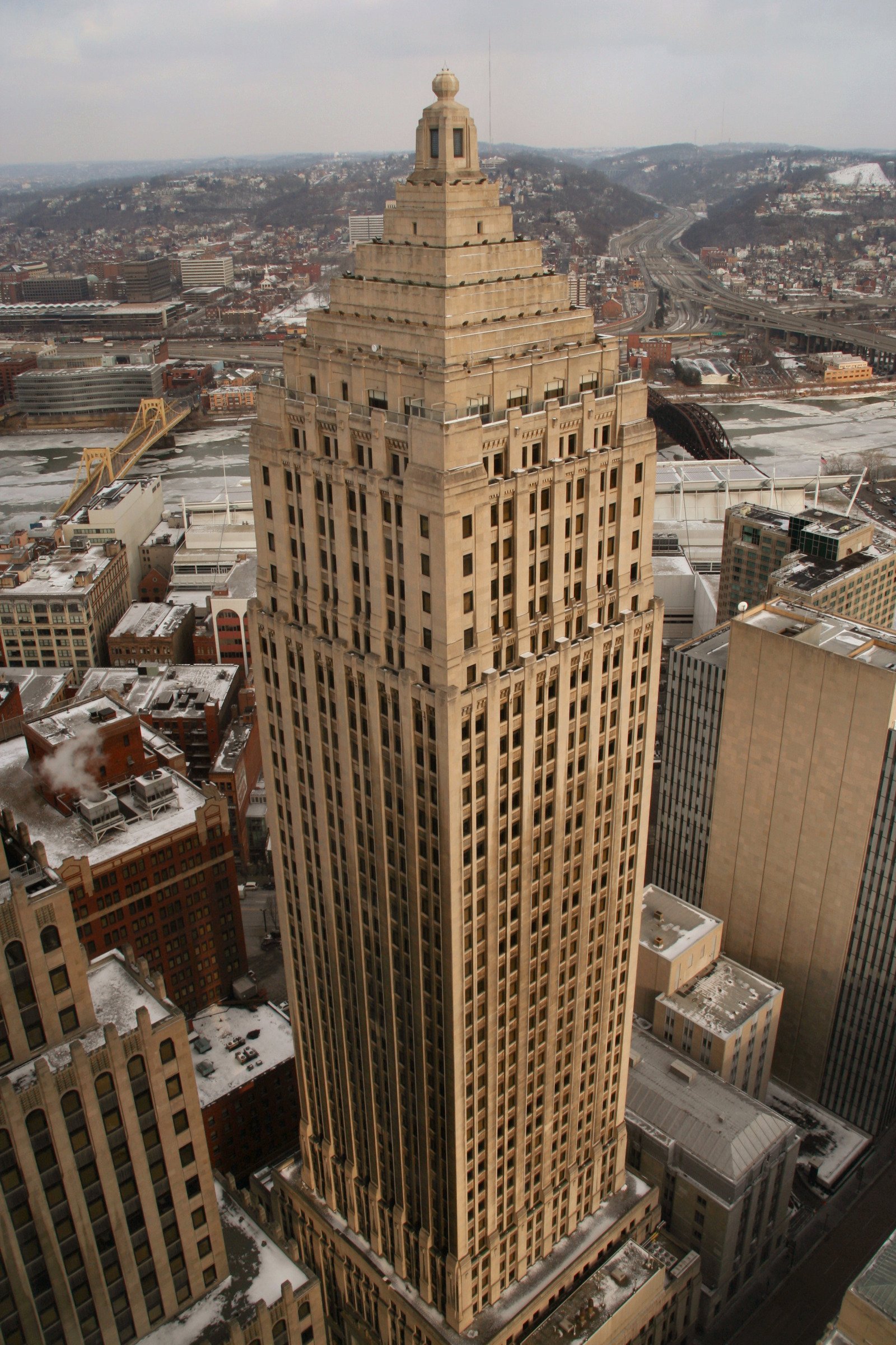 Gulf Tower (1932), 44-story Art Deco skyscraper at 707 Grant Street in downtown Pittsburgh, Pennsylvania, with stepped pyramid crown modeled on the Mausoleum at Halicarnassus.