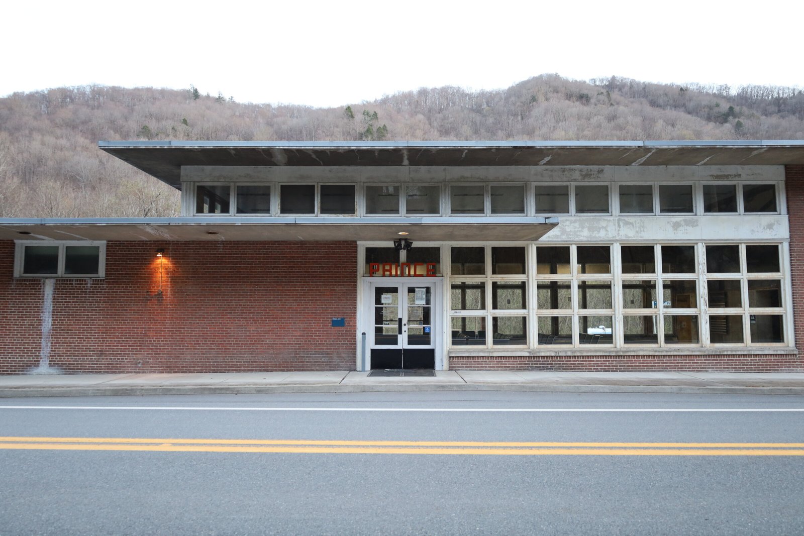 Prince Station streamlined Art Moderne train depot with rounded canopy in Prince, West Virginia