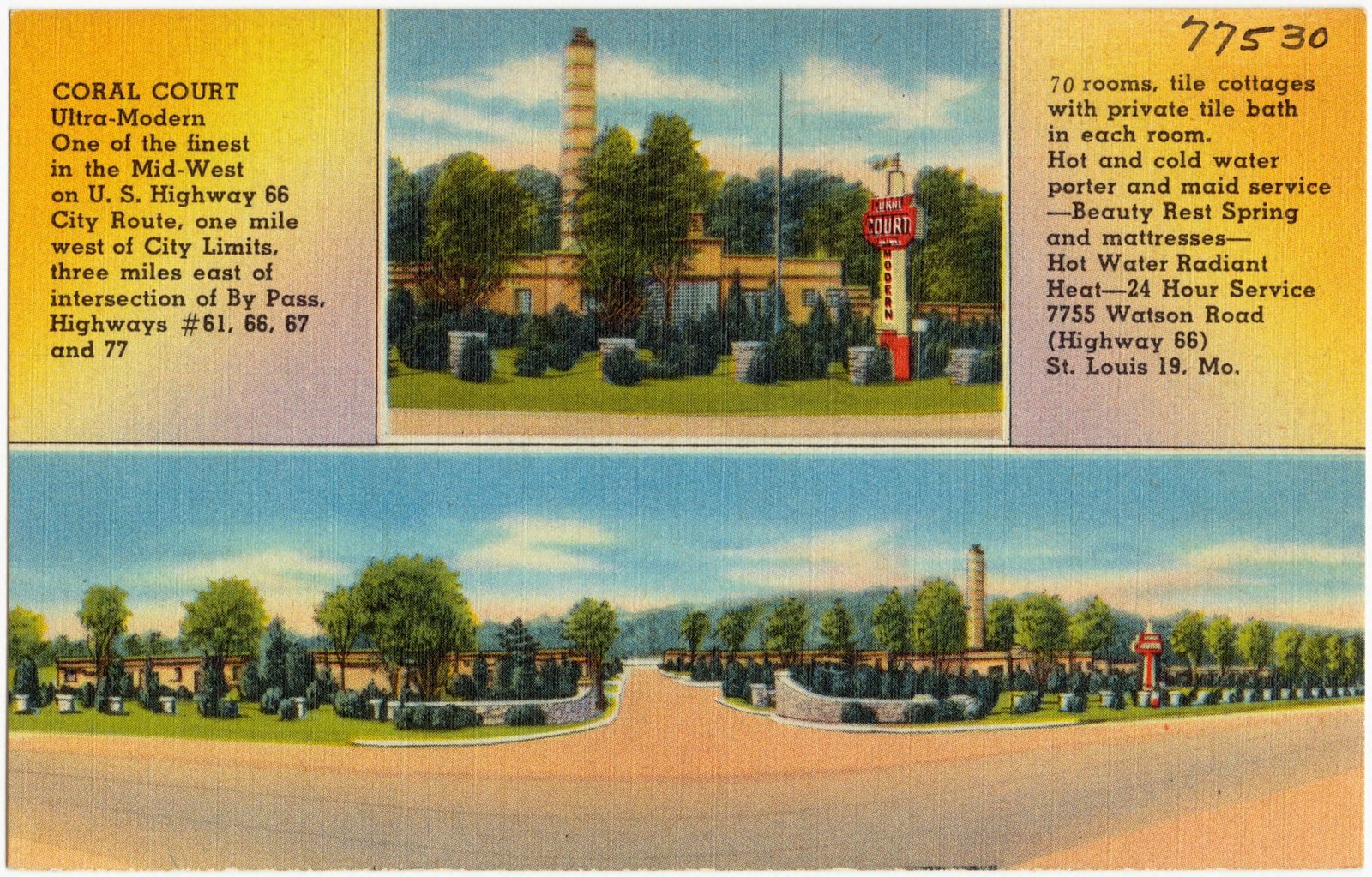 Vintage postcard of the Coral Court Motel Art Deco streamline moderne motor court near St. Louis, Missouri